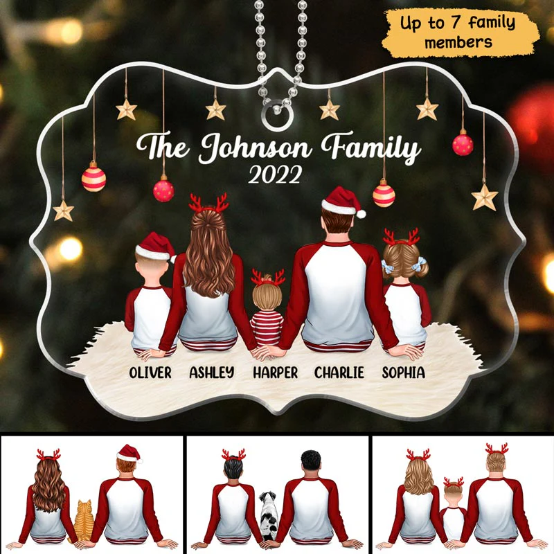 Back View Pajamas Family Dad Mom Kids Dogs Cats Personalized Acrylic Ornament - Image 3