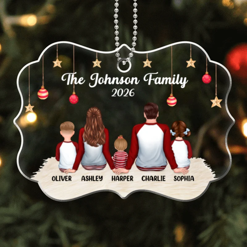 Back View Pajamas Family Dad Mom Kids Dogs Cats Personalized Acrylic Ornament - Image 4