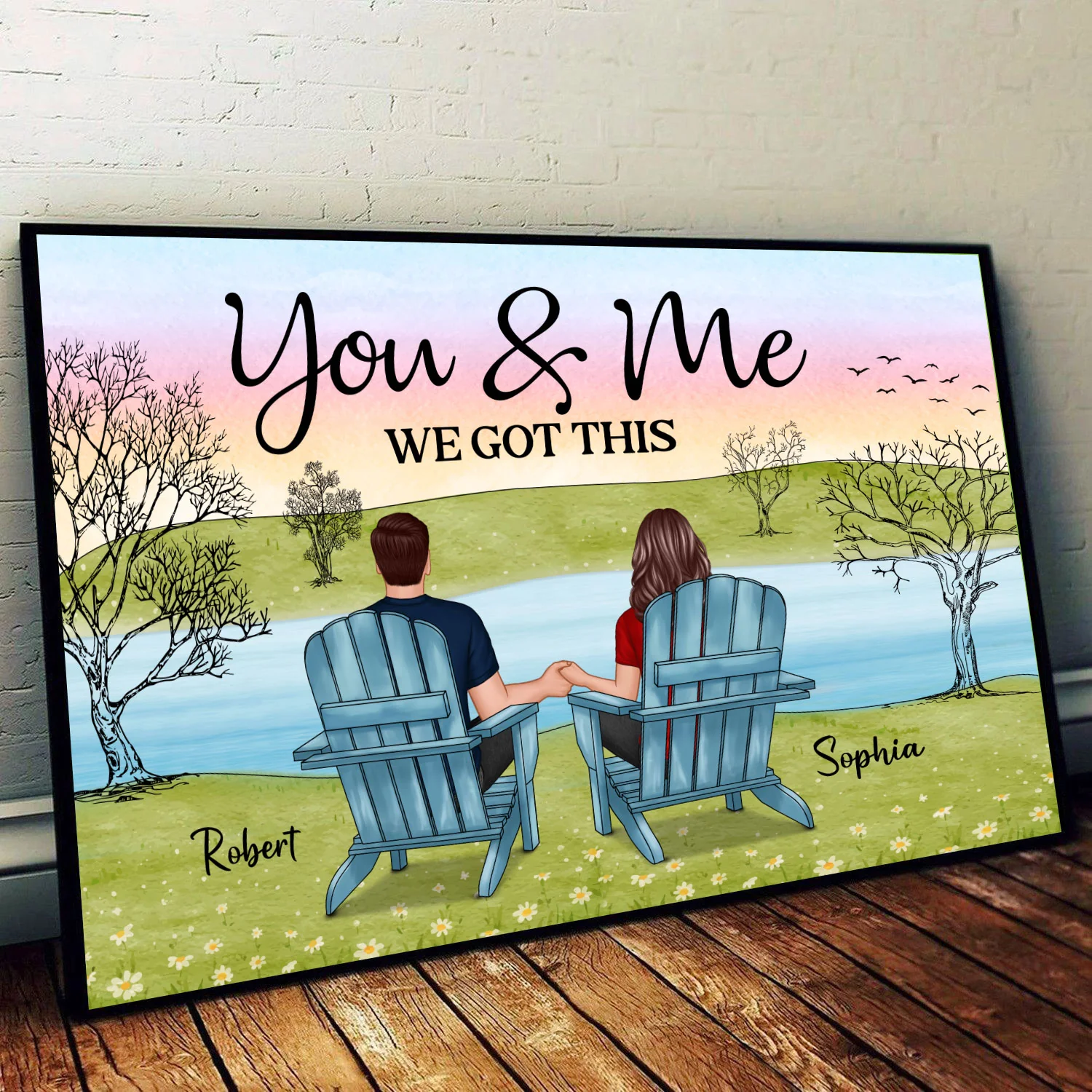 Back View Sitting Couple Landscape Personalized Horizontal Poster - Image 2