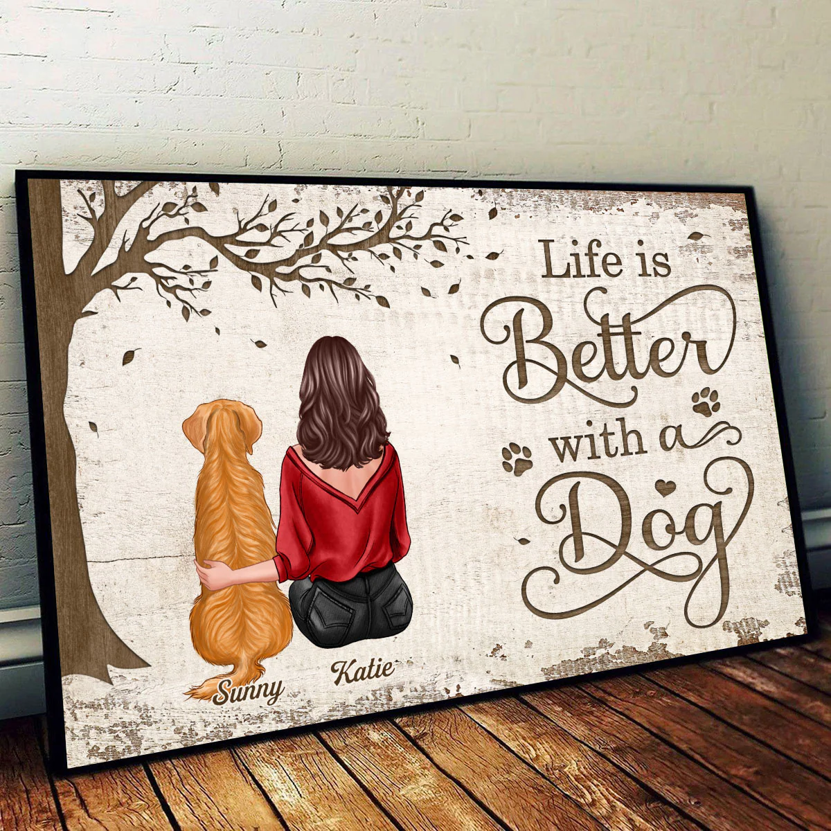 Back View Woman Man And Dogs Sitting Under Tree Personalized Horizontal Poster - Image 2