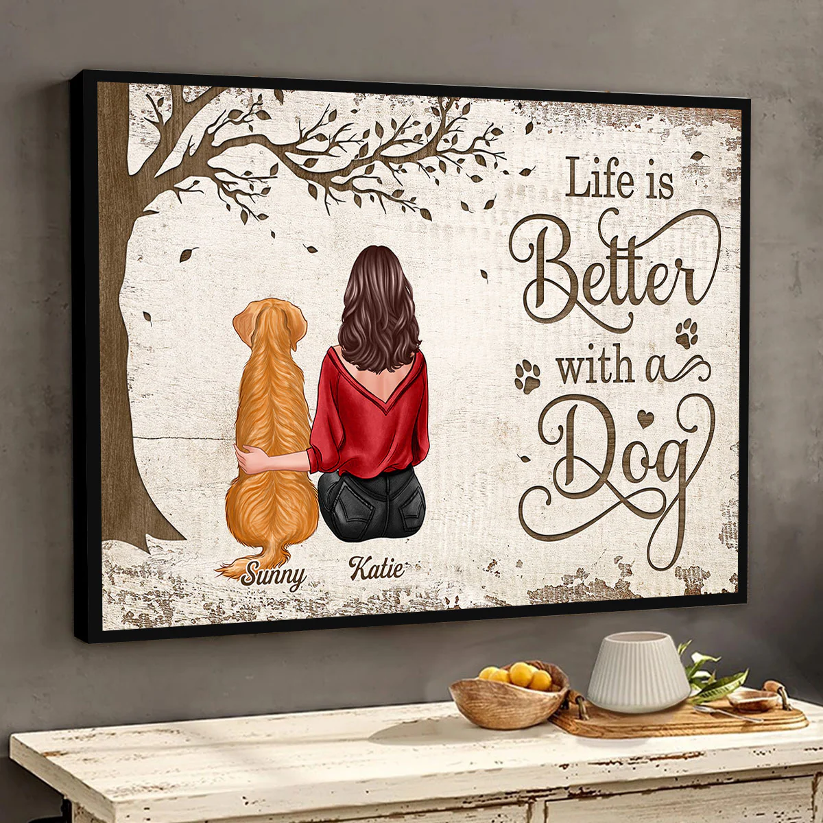 Back View Woman Man And Dogs Sitting Under Tree Personalized Horizontal Poster - Image 3