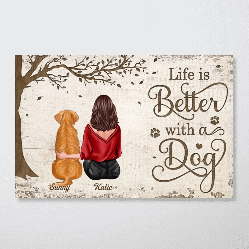 Back View Woman Man And Dogs Sitting Under Tree Personalized Horizontal Poster - Image 4