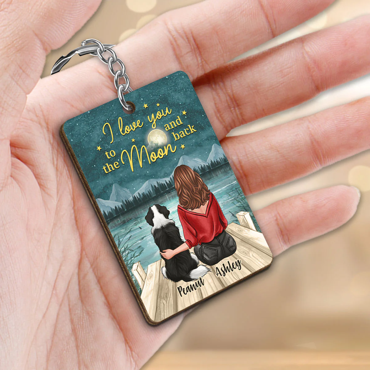 Back View Woman Sitting With Dogs I Love You To The Moon And Back Personalized Wooden Keychain - Image 2