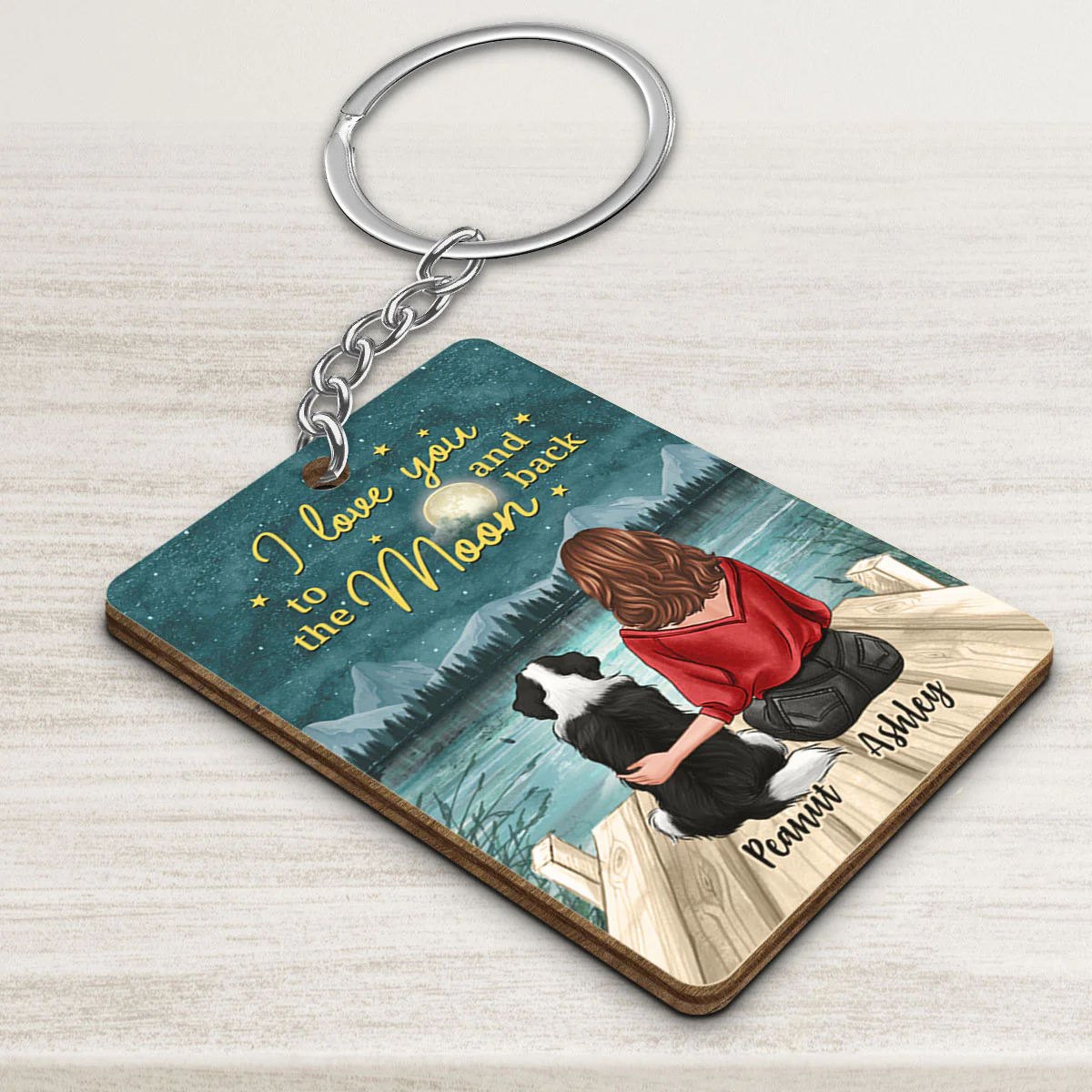 Back View Woman Sitting With Dogs I Love You To The Moon And Back Personalized Wooden Keychain - Image 3