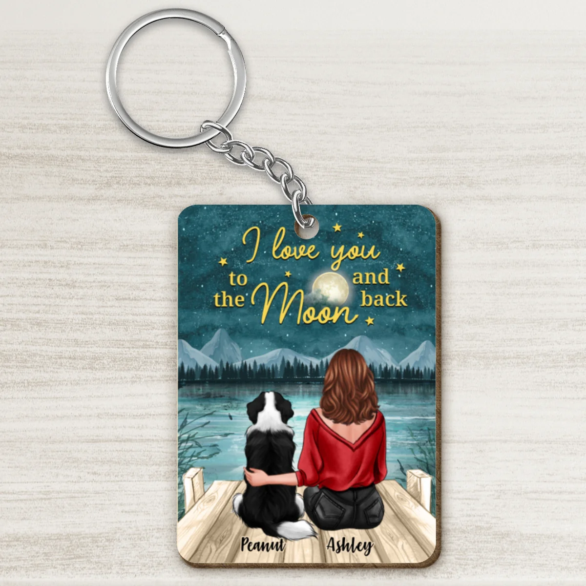 Back View Woman Sitting With Dogs I Love You To The Moon And Back Personalized Wooden Keychain - Image 4