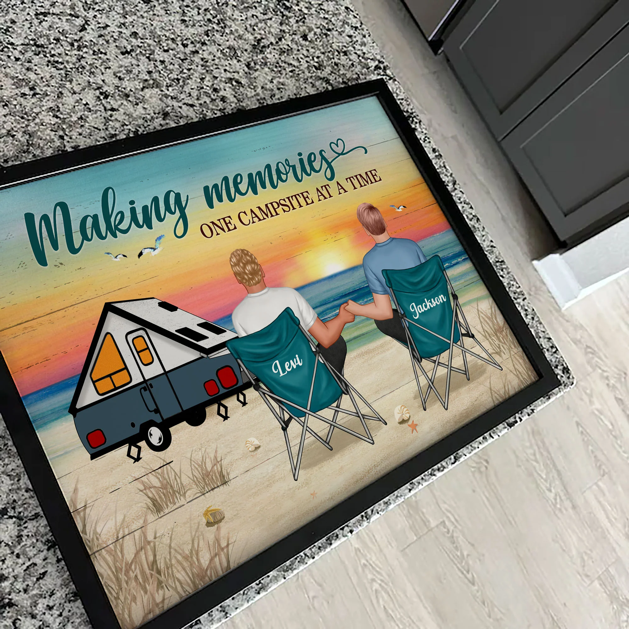 Back View Couple Camping Beach Landscape Personalized Horizontal Poster - Image 3