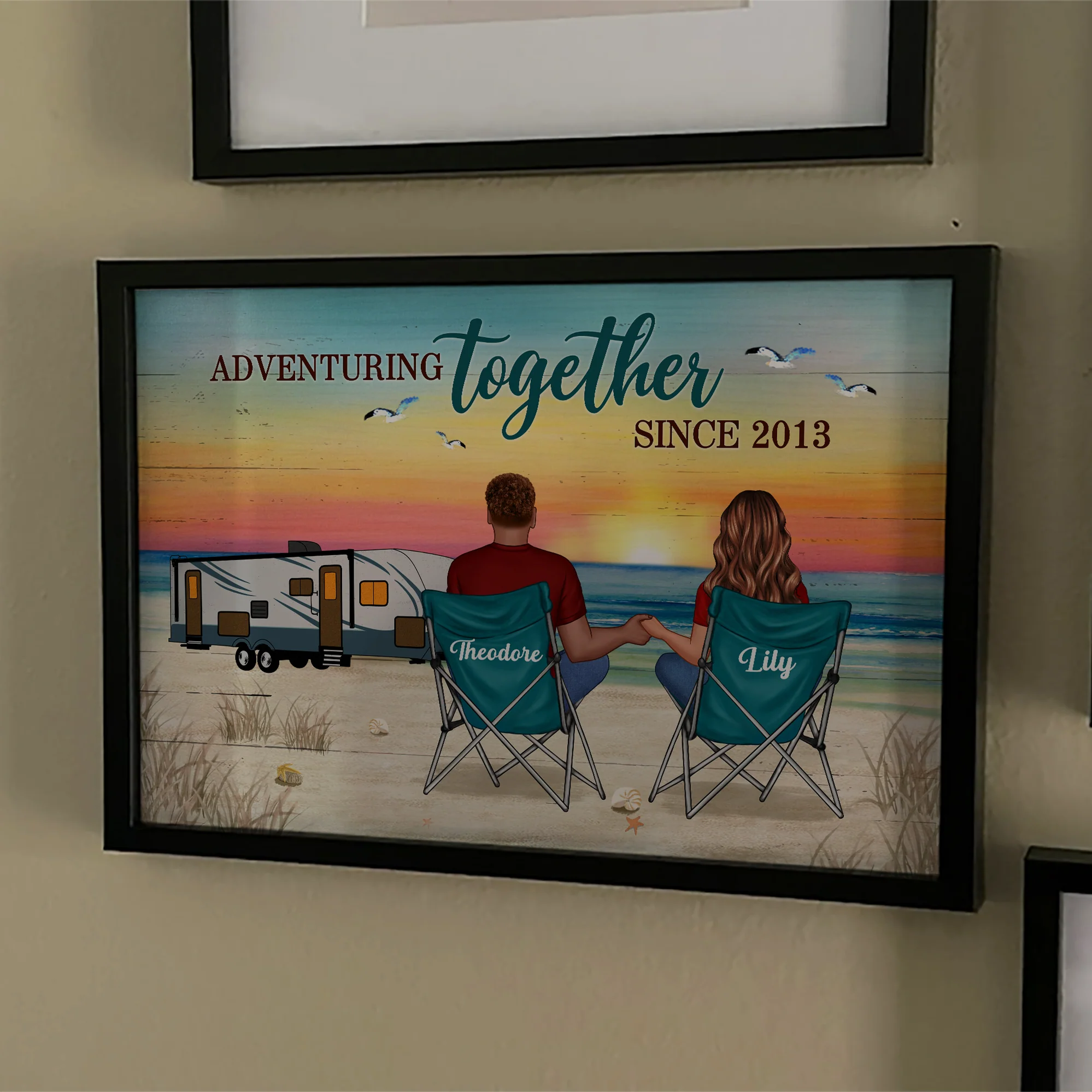 Back View Couple Camping Beach Landscape Personalized Horizontal Poster - Image 4