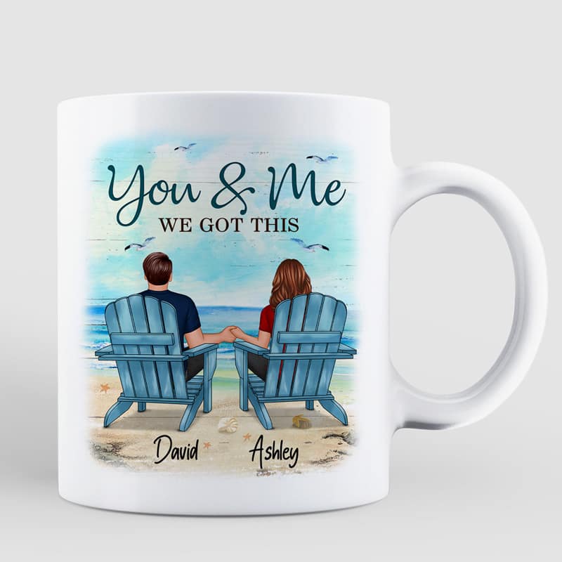 Back View Couple Sitting Beach Landscape Personalized Mug - Image 2