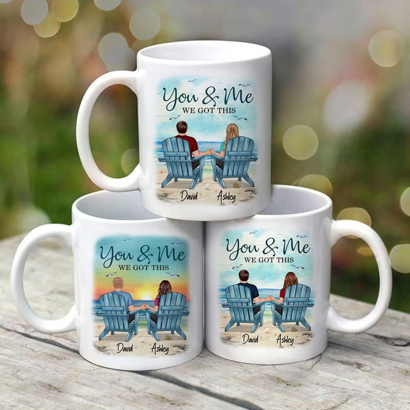 Back View Couple Sitting Beach Landscape Personalized Mug - Image 3