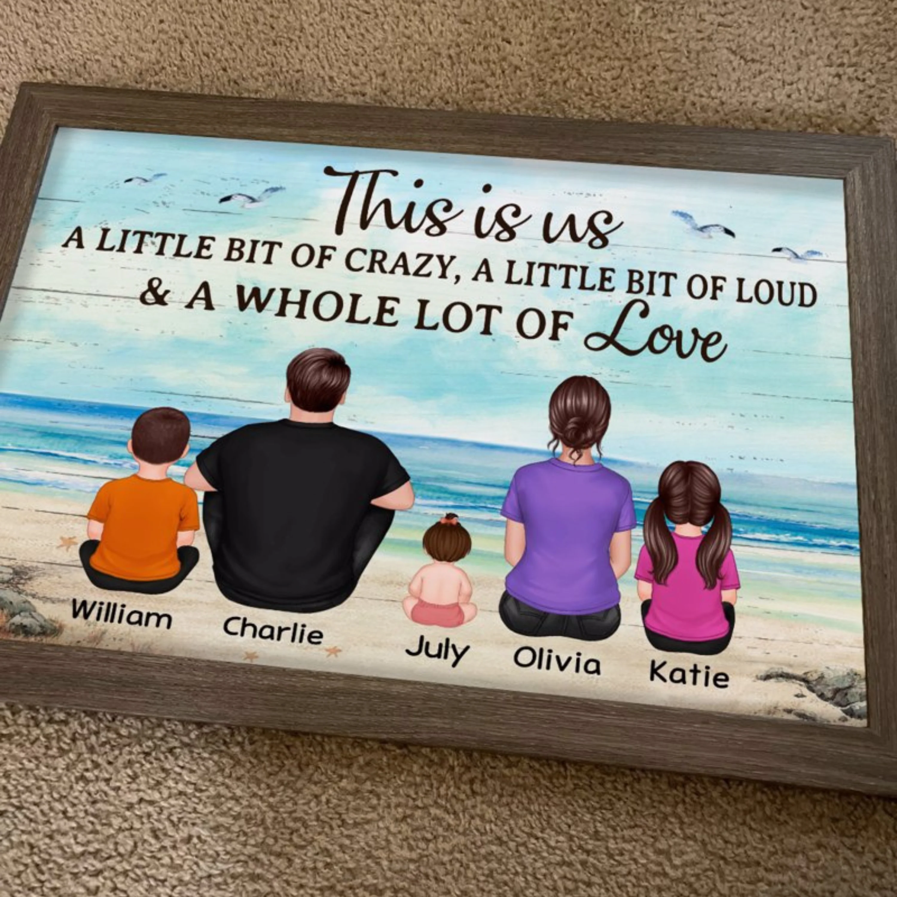 Back View Family Sitting Beach Landscape Personalized Horizontal Poster - Image 3