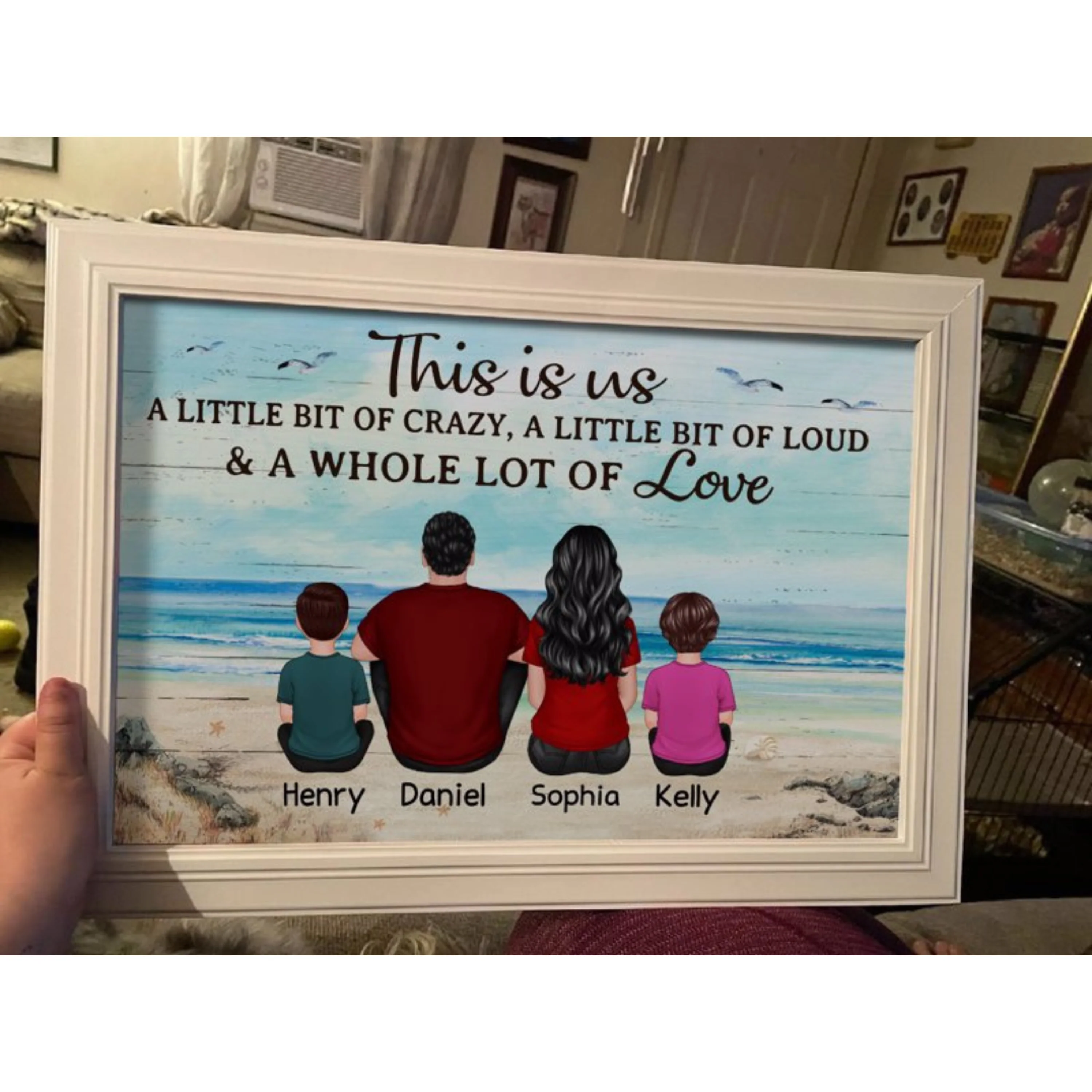 Back View Family Sitting Beach Landscape Personalized Horizontal Poster - Image 5