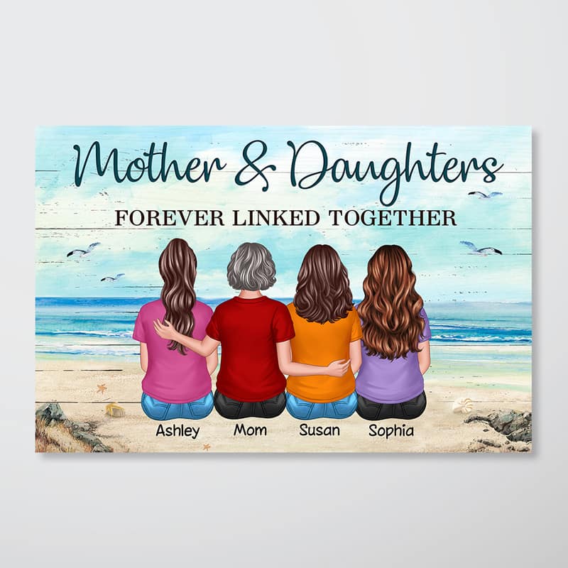 Back View Mother Daughters Sitting Beach Landscape Personalized Horizontal Poster - Image 2