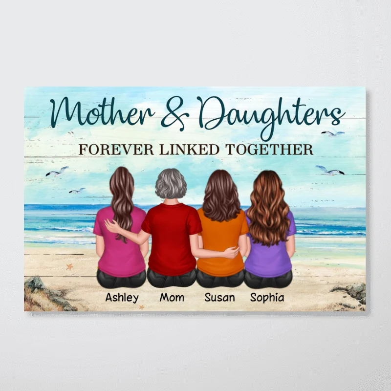 Back View Mother Daughters Sitting Beach Landscape Personalized Horizontal Poster - Image 4