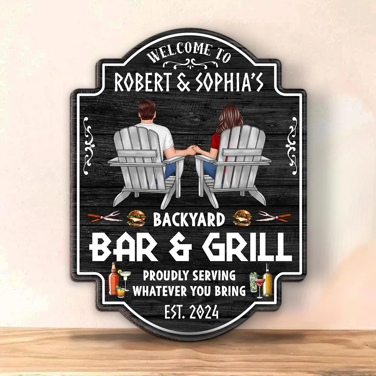 Backyard Bar & Grill Couple Sitting Personalized Wood Sign - Image 4