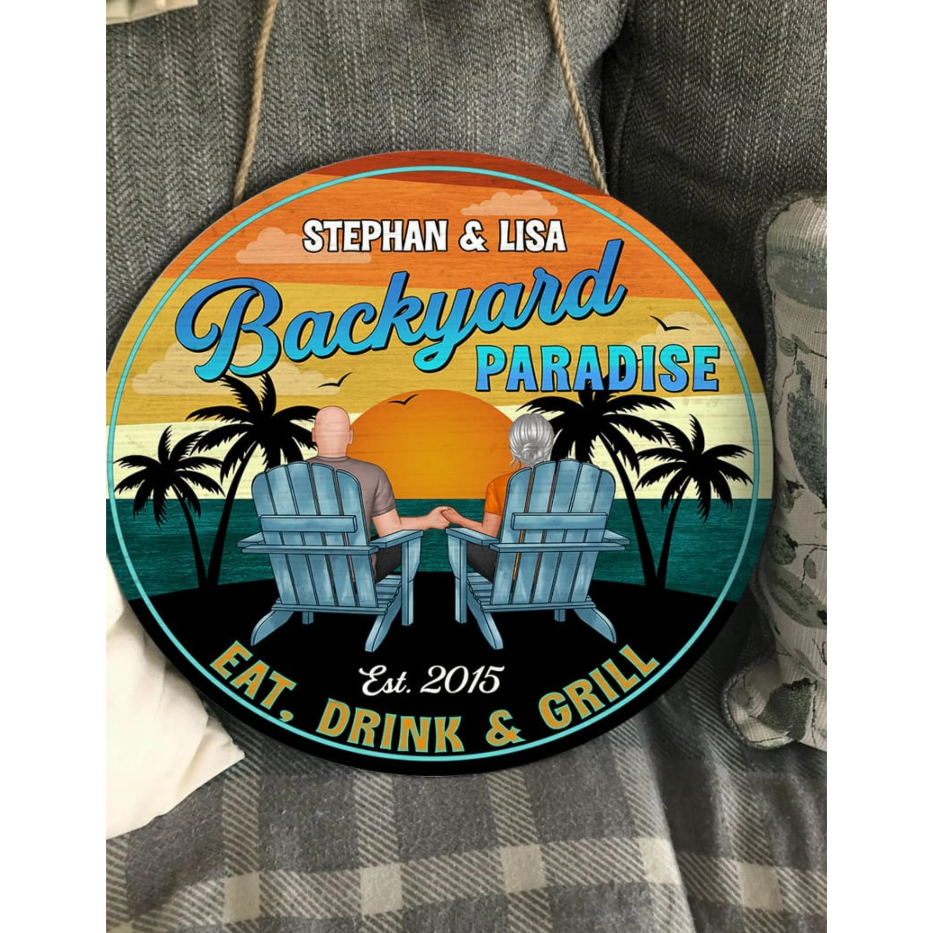 Vintage Backyard Paradise Couple Sitting Personalized Wood Sign, Housewarming, Birthday, Anniversary Gift for Him, Her - Image 9