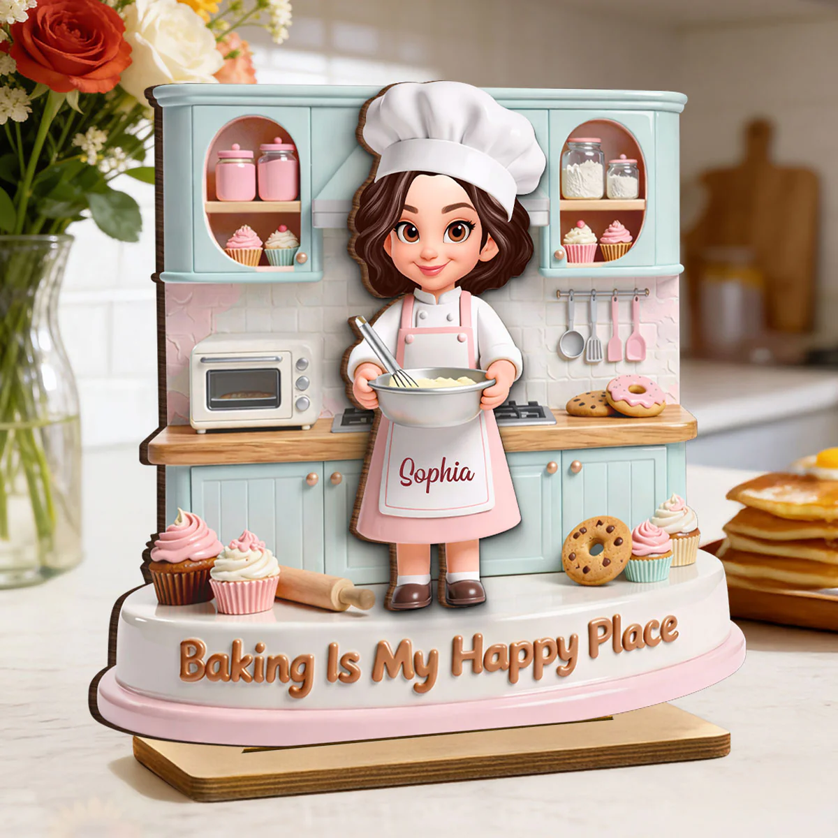 Baking Is My Happy Place - Personalized 2-Layered Wooden Plaque - Gift For Mom, Grandma - Image 2