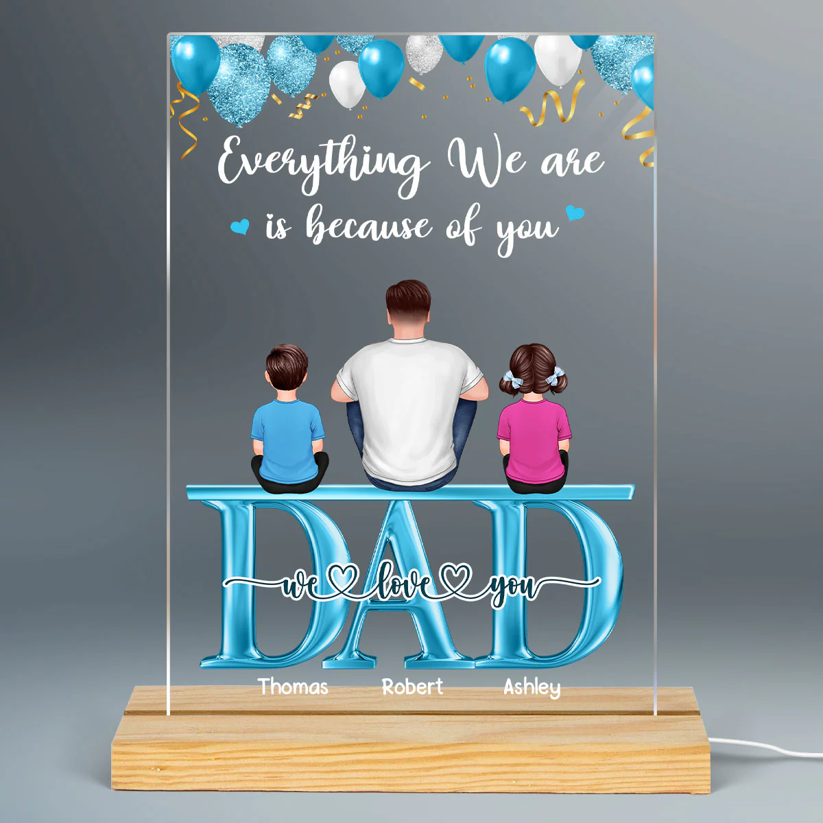 Balloons Back View Dad Sitting With Kids Dogs Cats Sitting On Words Personalized Rectangle Acrylic Plaque LED Night Light - Image 2