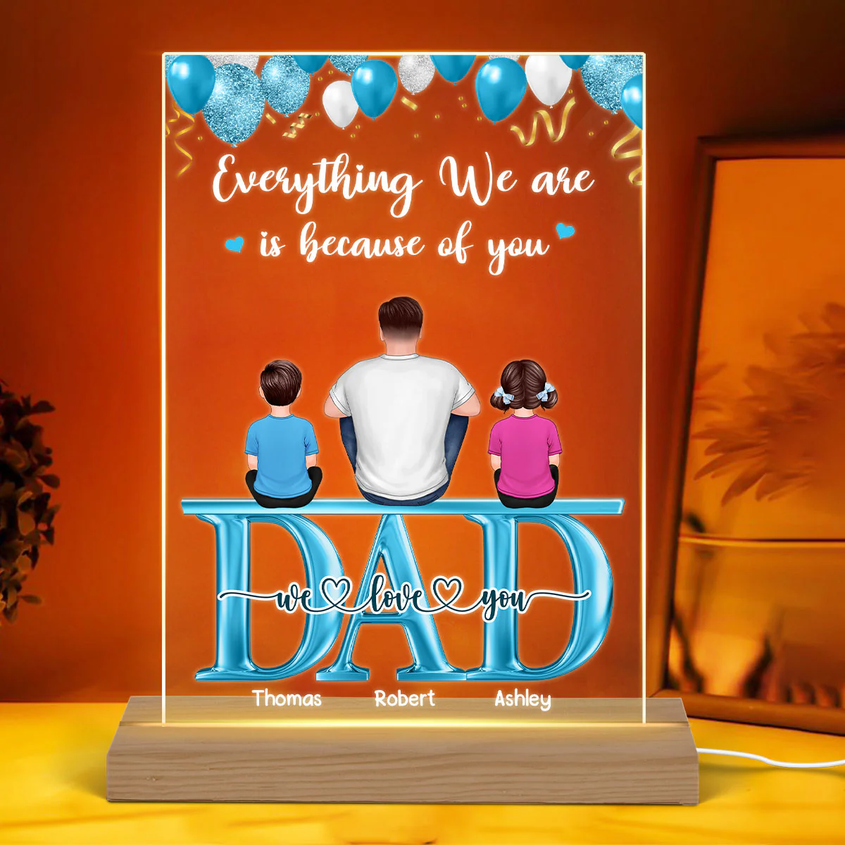 Balloons Back View Dad Sitting With Kids Dogs Cats Sitting On Words Personalized Rectangle Acrylic Plaque LED Night Light - Image 3