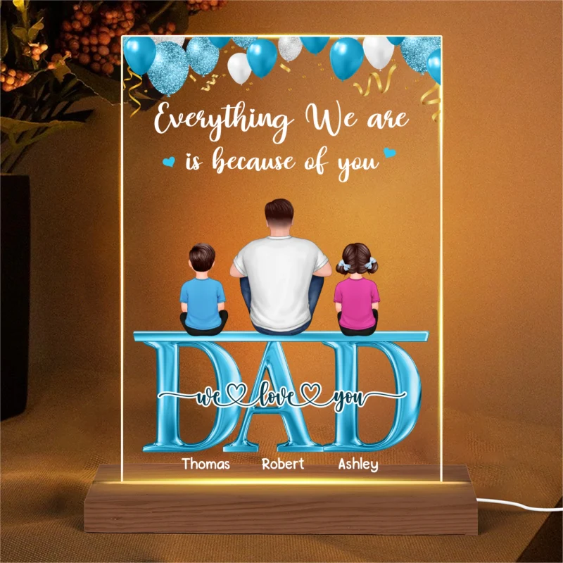 Balloons Back View Dad Sitting With Kids Dogs Cats Sitting On Words Personalized Rectangle Acrylic Plaque LED Night Light - Image 4