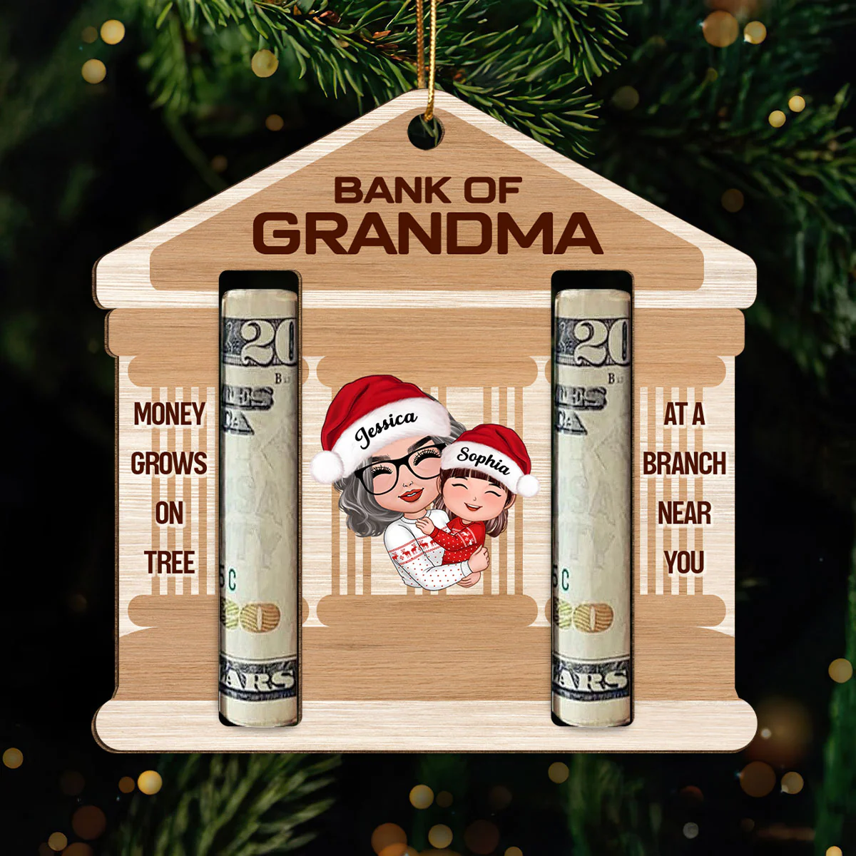 Bank Of Grandma Personalized Wooden Ornament, Christmas Money Holder For Kids