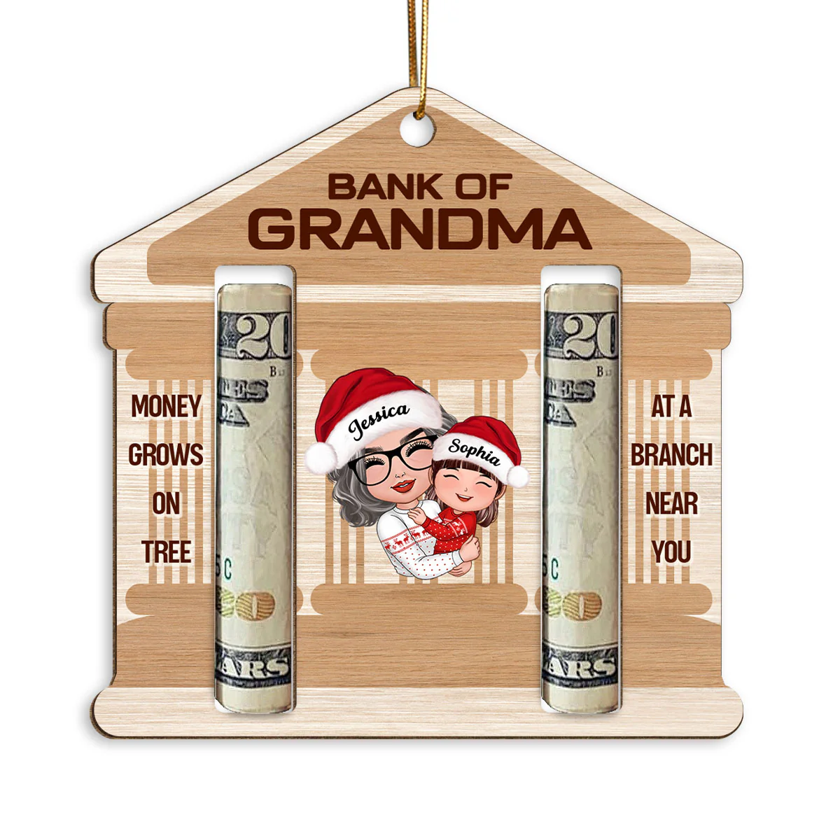 Bank Of Grandma Personalized Wooden Ornament, Christmas Money Holder For Kids - Image 2