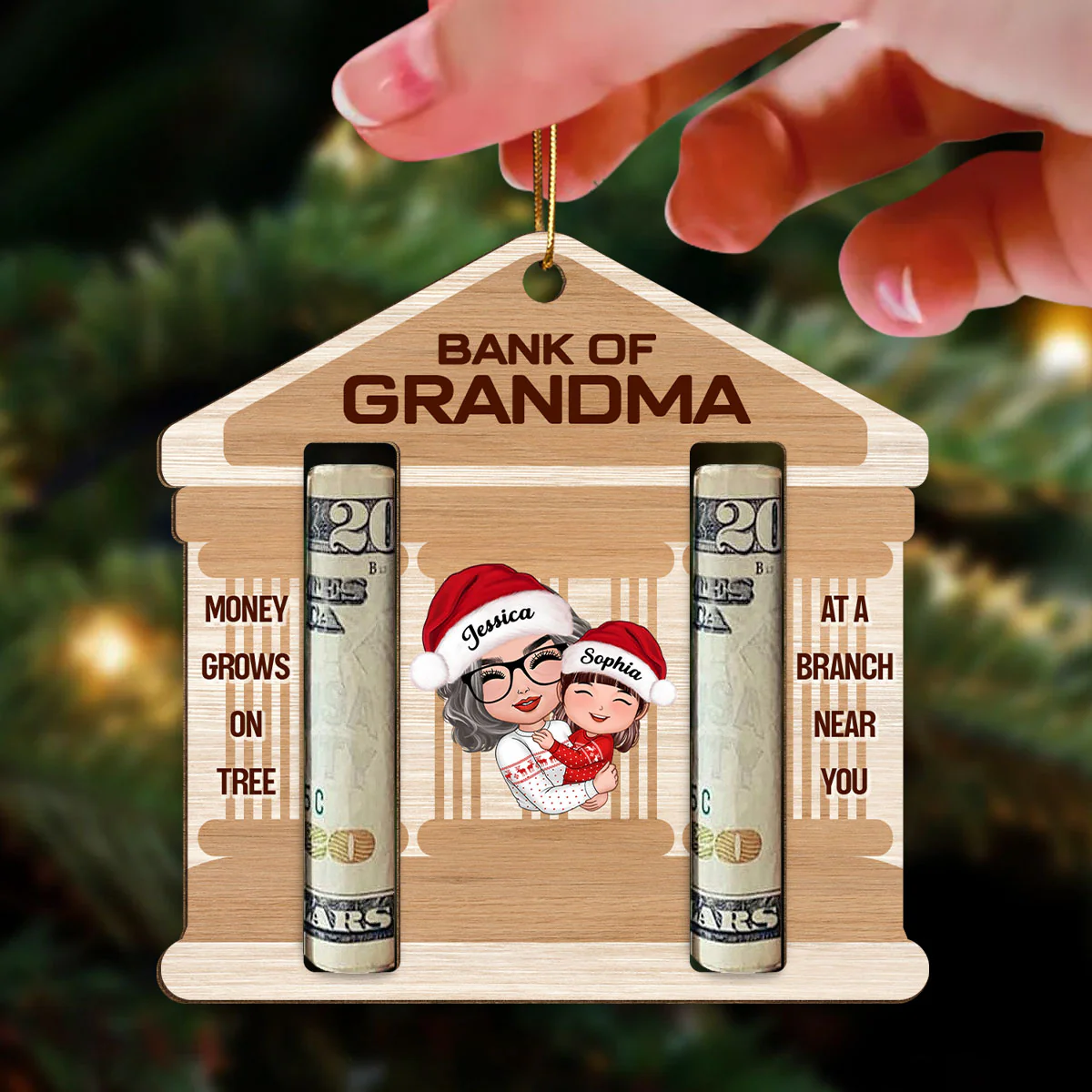 Bank Of Grandma Personalized Wooden Ornament, Christmas Money Holder For Kids - Image 3
