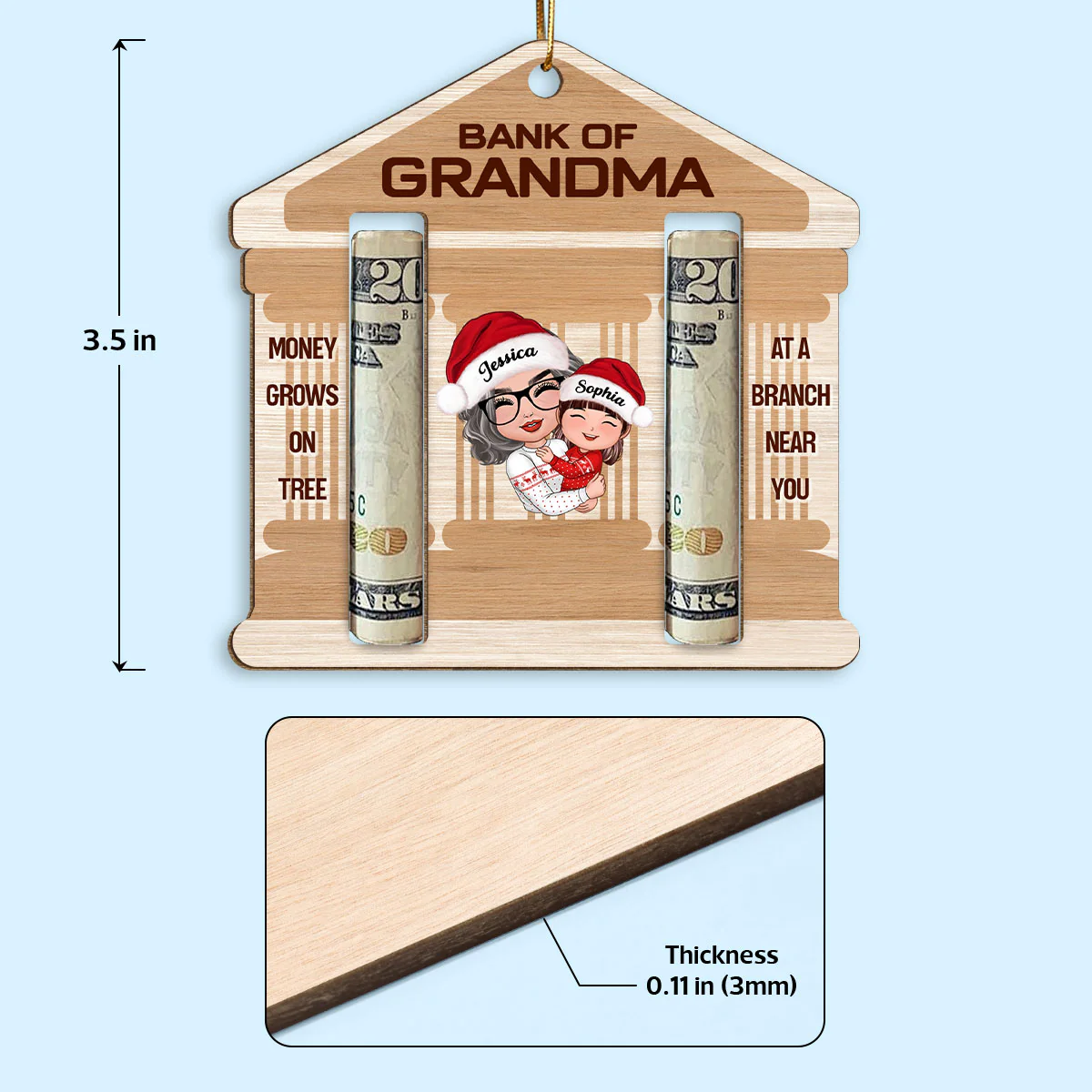 Bank Of Grandma Personalized Wooden Ornament, Christmas Money Holder For Kids - Image 4