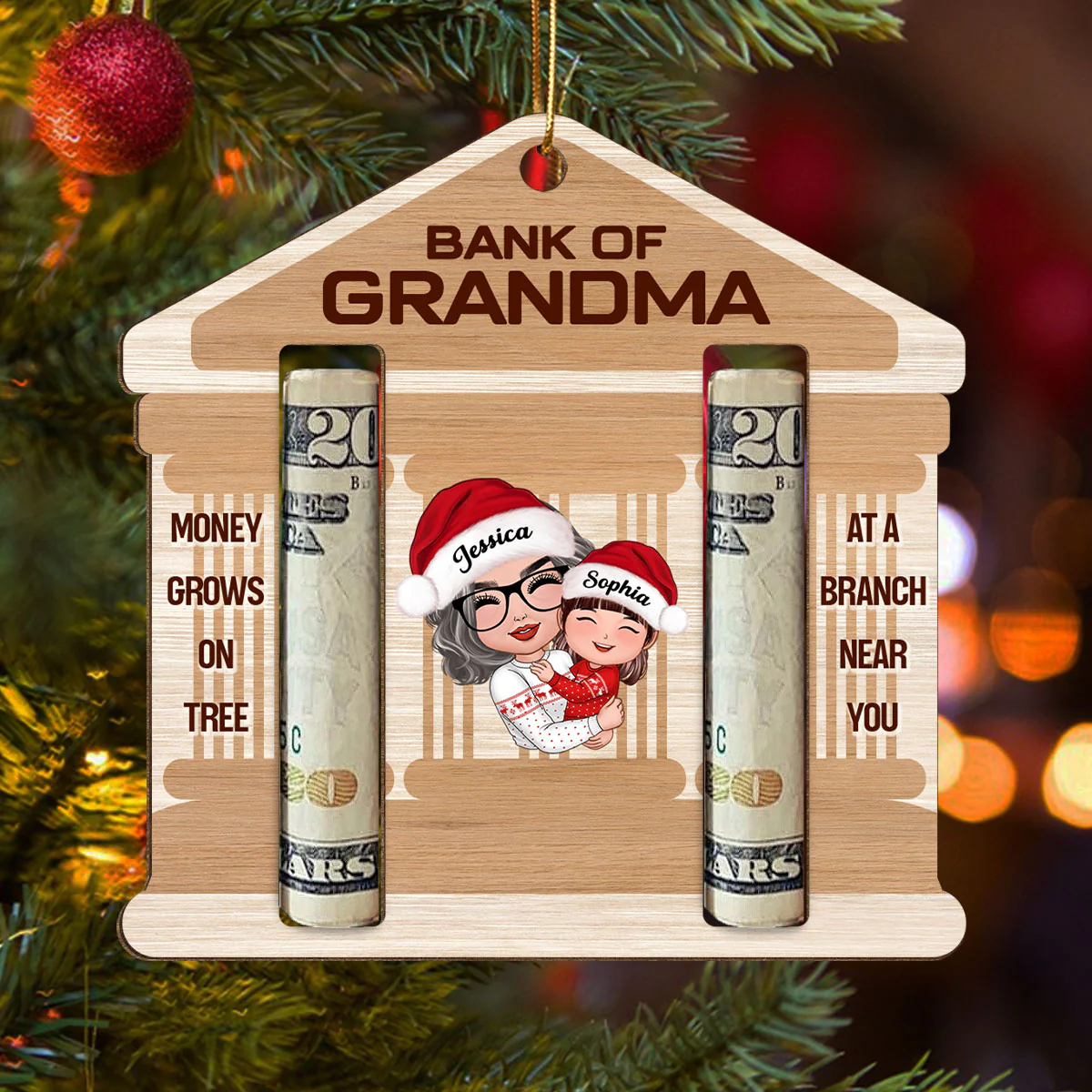 Bank Of Grandma Personalized Wooden Ornament, Christmas Money Holder For Kids - Image 5