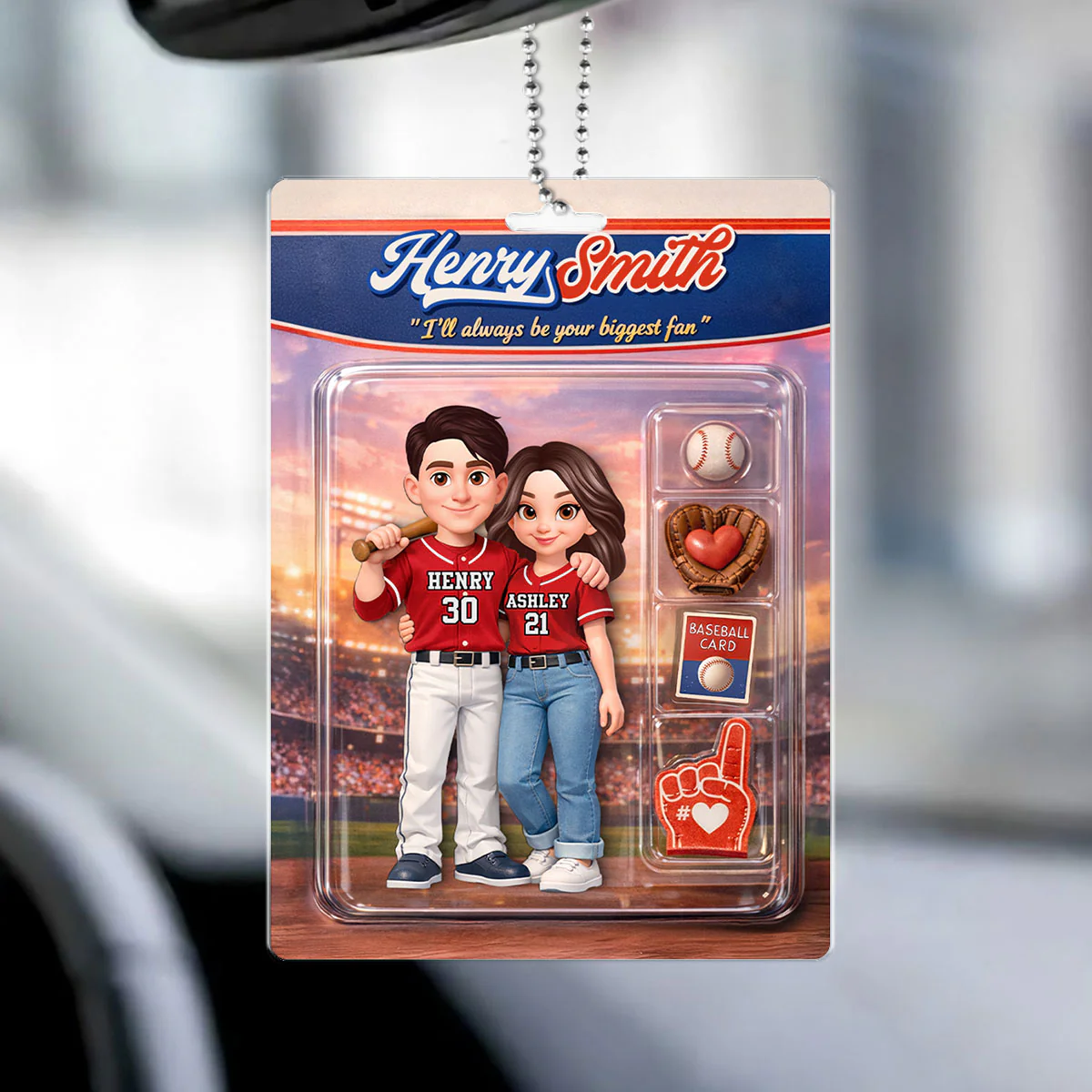 Baseball Couple I'll Always Be Your Biggest Fan Custom Action Figure - Personalized Acrylic Car Hanger - Sentimental Gift for Him