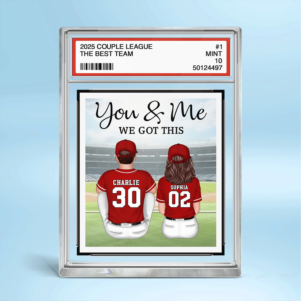 Baseball Couple Sitting Back View Trading Card Style Personalized Acrylic Block Plaque, Gift For Him, Gift For Her - Image 2