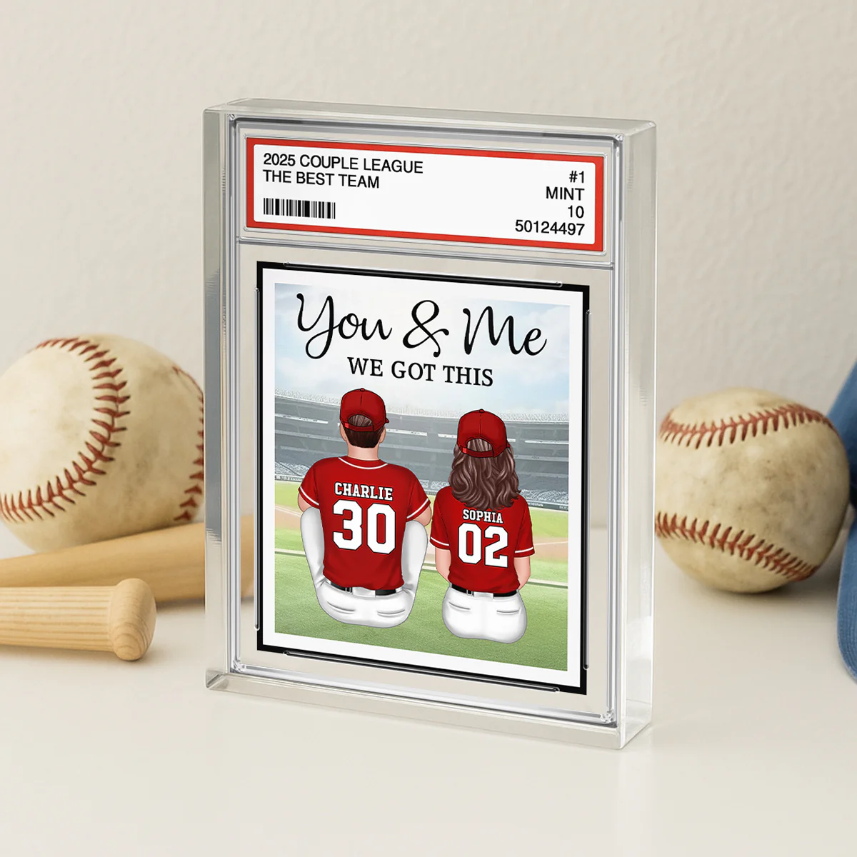 Baseball Couple Sitting Back View Trading Card Style Personalized Acrylic Block Plaque, Gift For Him, Gift For Her - Image 4