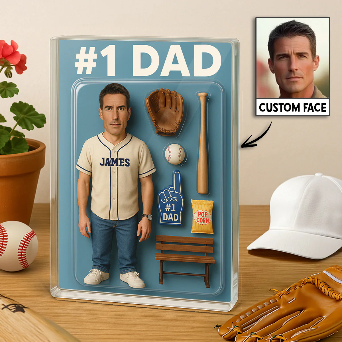 3D Effect Baseball Dad Custom Figure Personalized Rectangle Acrylic Block Plaque - Image 2