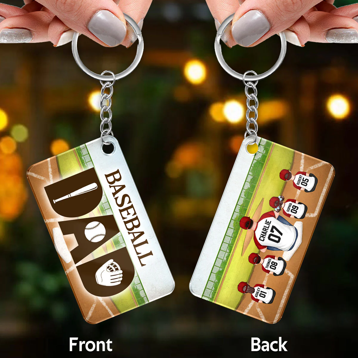 Baseball Dad And Kids Back View At Field Personalized Acrylic Keychain - Image 3