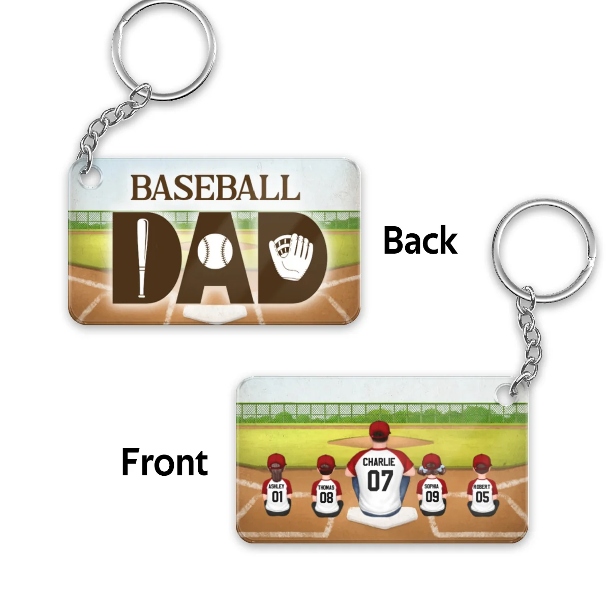 Baseball Dad And Kids Back View At Field Personalized Acrylic Keychain - Image 4