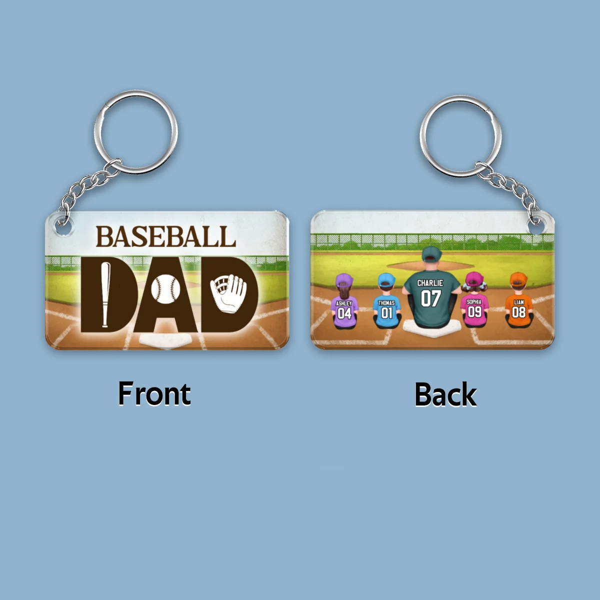Baseball Dad And Kids Back View Personalized Acrylic Keychain - Image 4