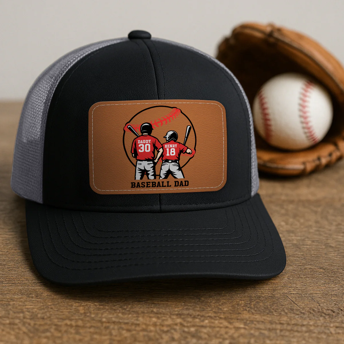 Baseball Dad And Kids Back View Silhoutte Personalized Leather Pacth Hat, Father's Day gift - Image 2