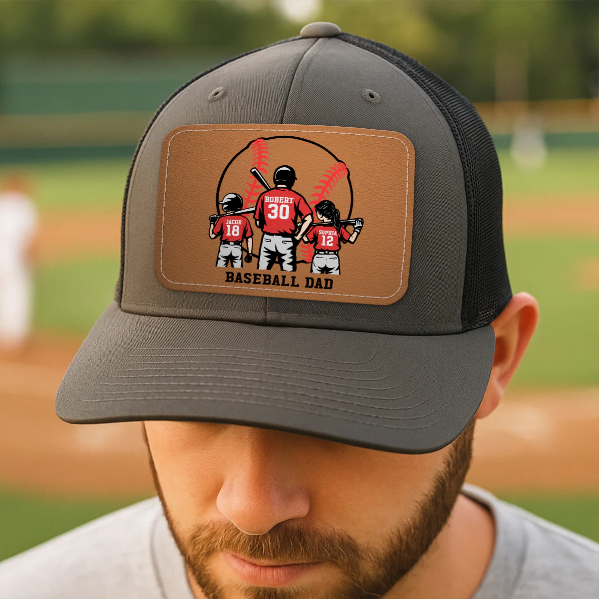 Baseball Dad And Kids Back View Silhoutte Personalized Leather Pacth Hat, Father's Day gift - Image 3