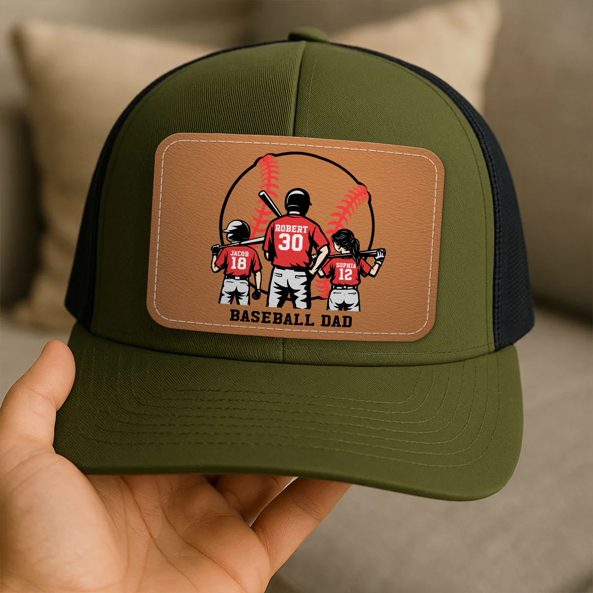Baseball Dad And Kids Back View Silhoutte Personalized Leather Pacth Hat, Father's Day gift - Image 4
