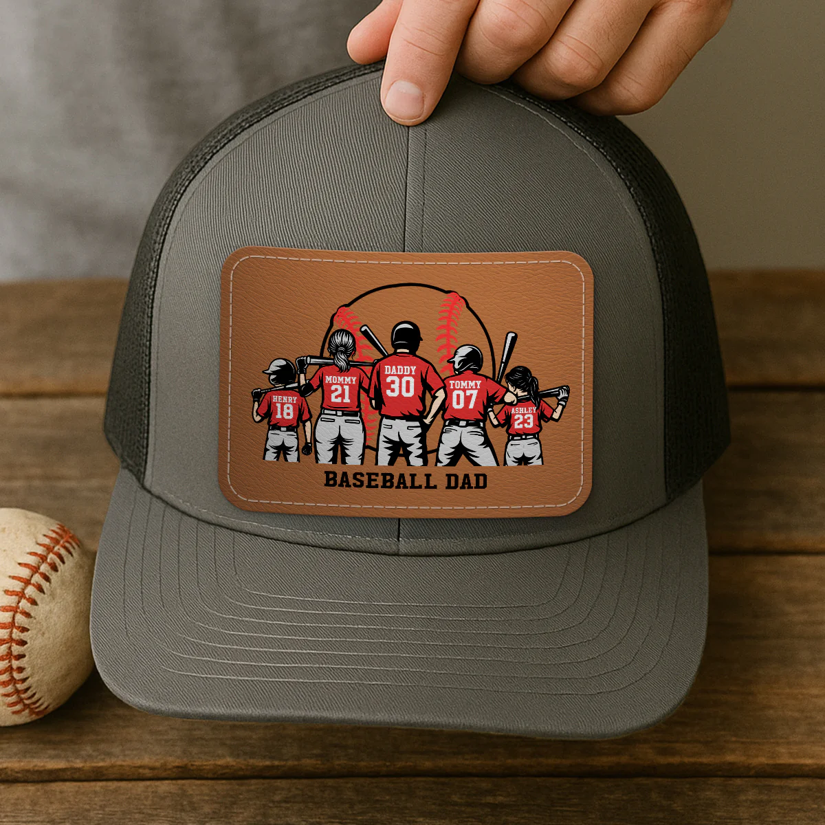 Baseball Dad And Kids Back View Silhoutte Personalized Leather Pacth Hat, Father's Day gift - Image 5