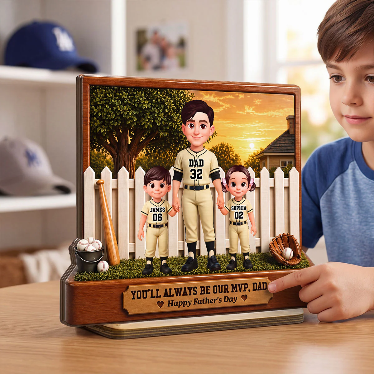 Baseball Dad And Kids Backyard We Caught The Best Dad - Personalized 2-Layered Wooden Plaque -  Gift For Dad - Image 4