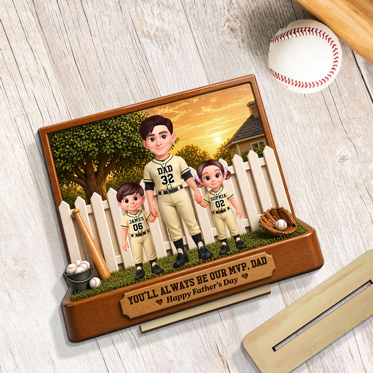 Baseball Dad And Kids Backyard We Caught The Best Dad - Personalized 2-Layered Wooden Plaque -  Gift For Dad - Image 6