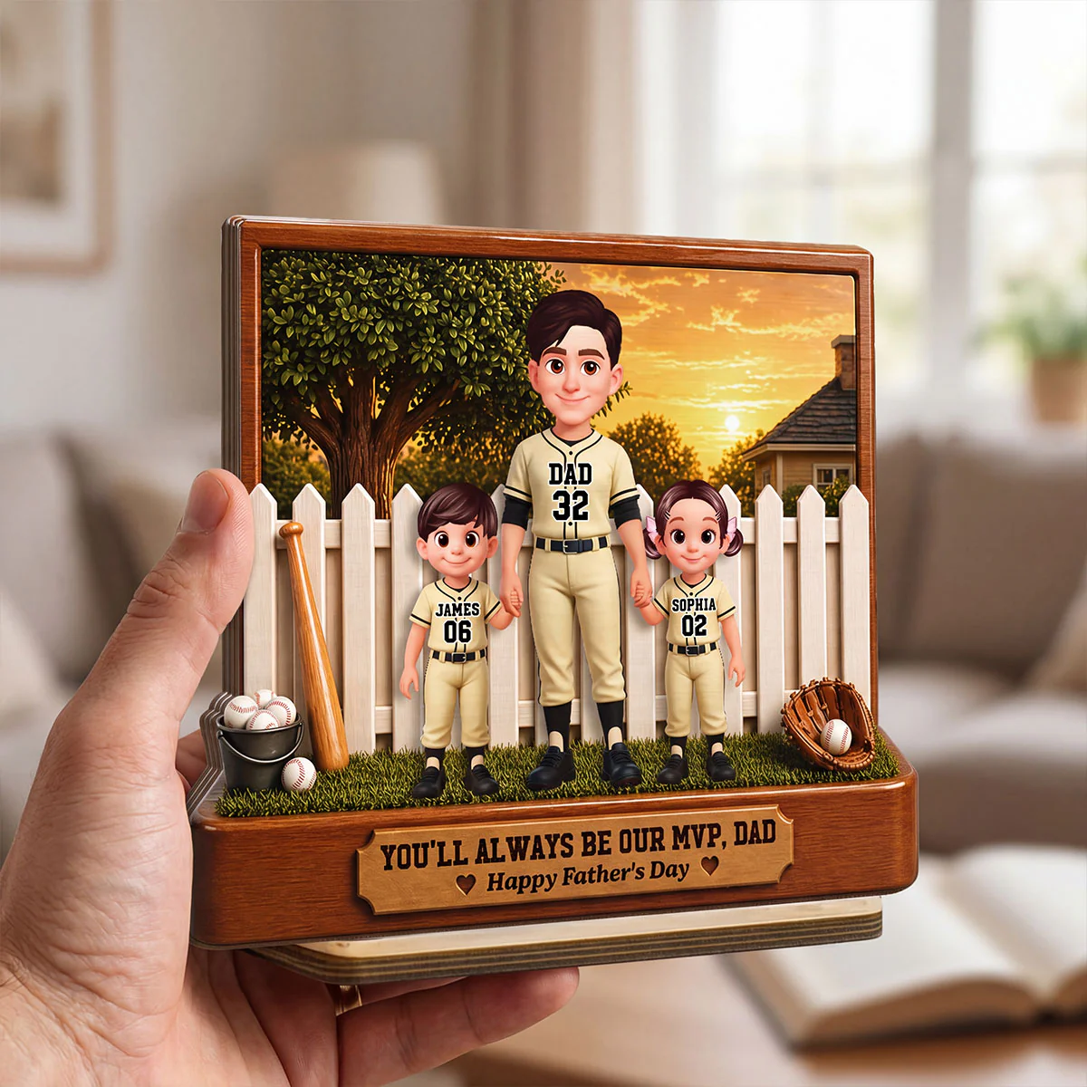 Baseball Dad And Kids Backyard We Caught The Best Dad - Personalized 2-Layered Wooden Plaque -  Gift For Dad - Image 9