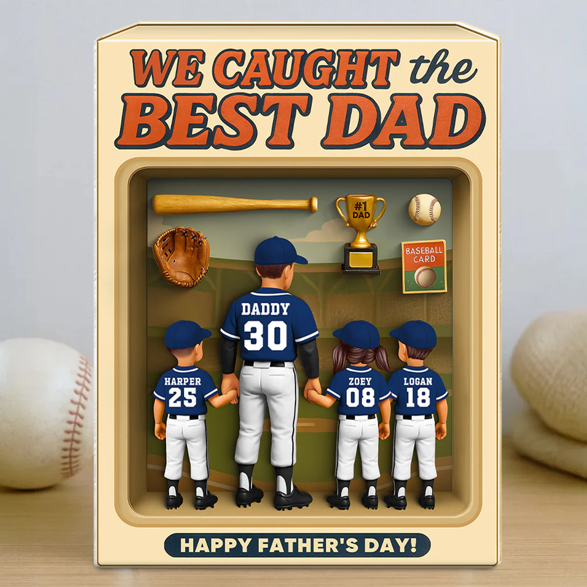 Baseball Dad And Kids, Custom Action Figure, Personalized Toy Box Acrylic Block, gift