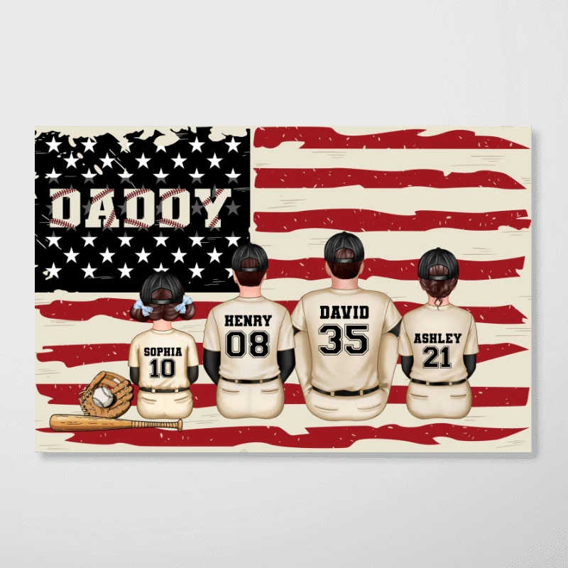 Baseball Dad And Kids Retro Nation Flag Personalized Poster, Father's Day Gift for Husband, Gift for Dad - Image 12