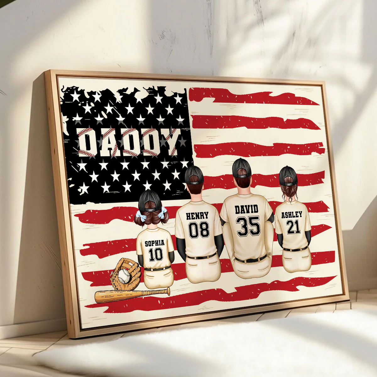 Baseball Dad And Kids Retro Nation Flag Personalized Poster, Father's Day Gift for Husband, Gift for Dad - Image 4