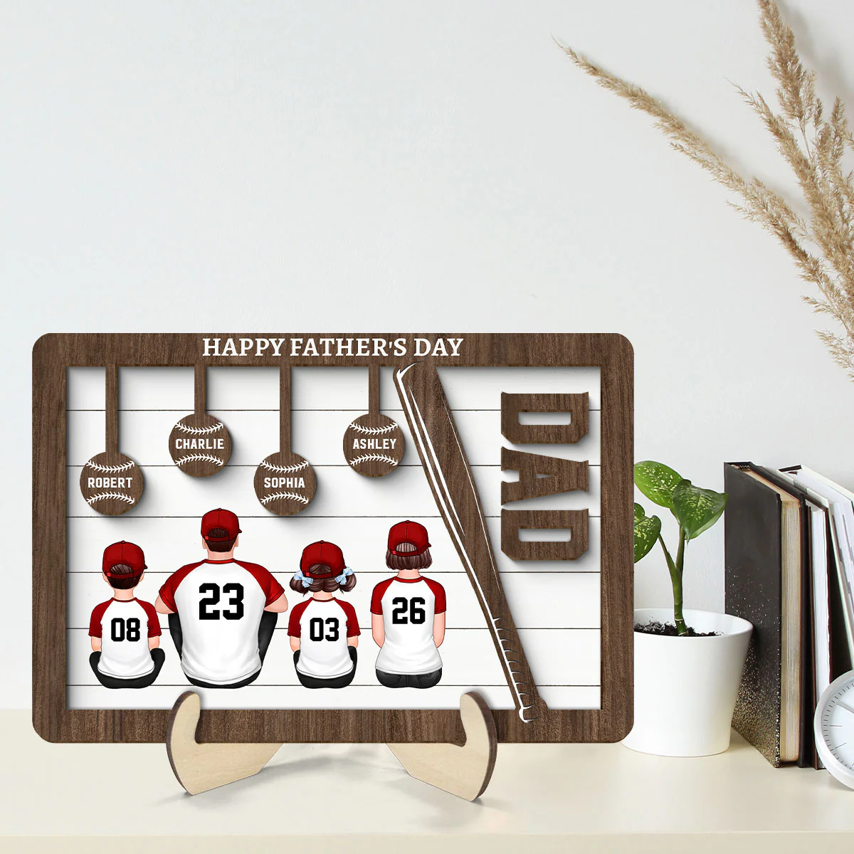 Baseball Dad And Kids Sitting Back View Personalized 2-Layer Wooden Plaque - Image 2