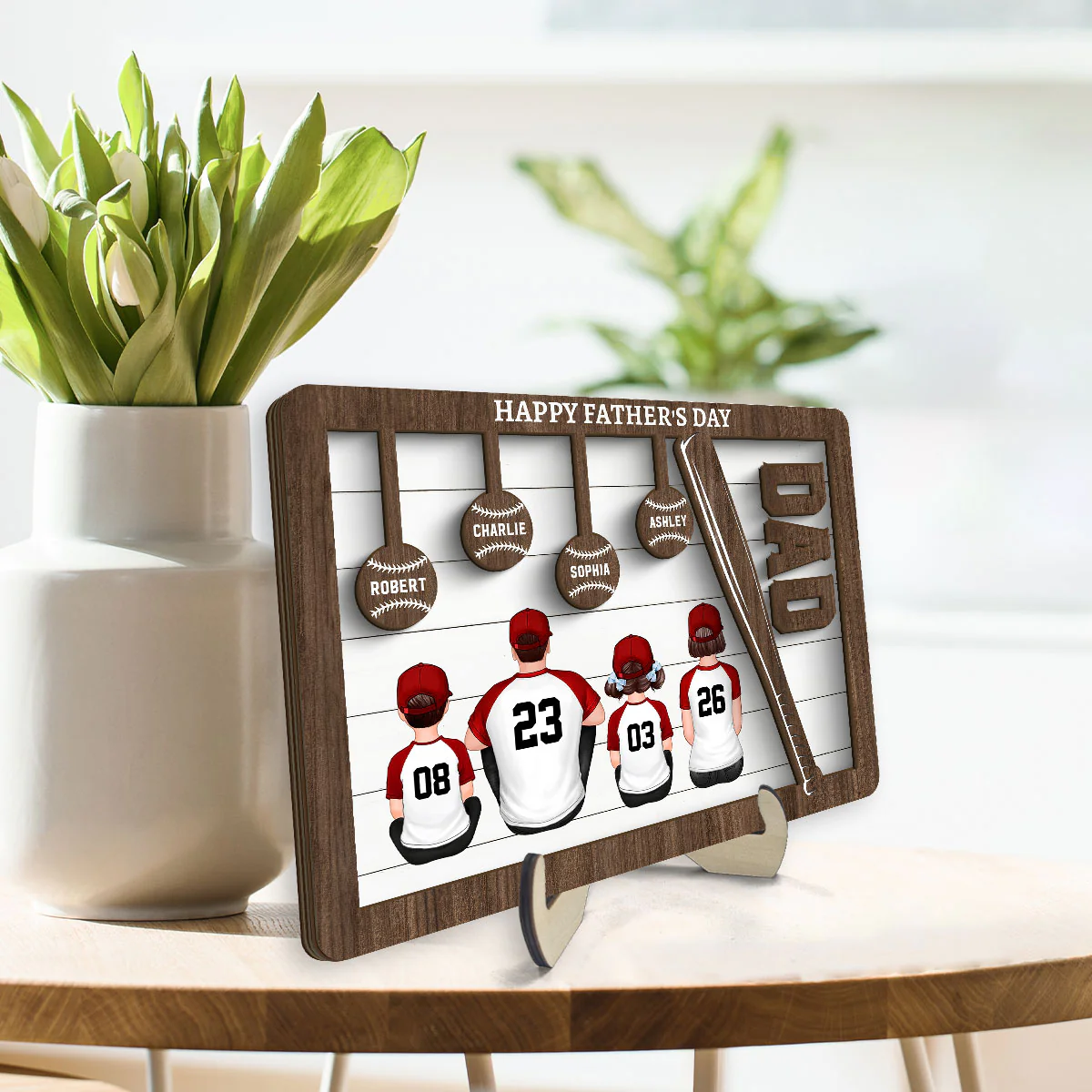 Baseball Dad And Kids Sitting Back View Personalized 2-Layer Wooden Plaque - Image 3