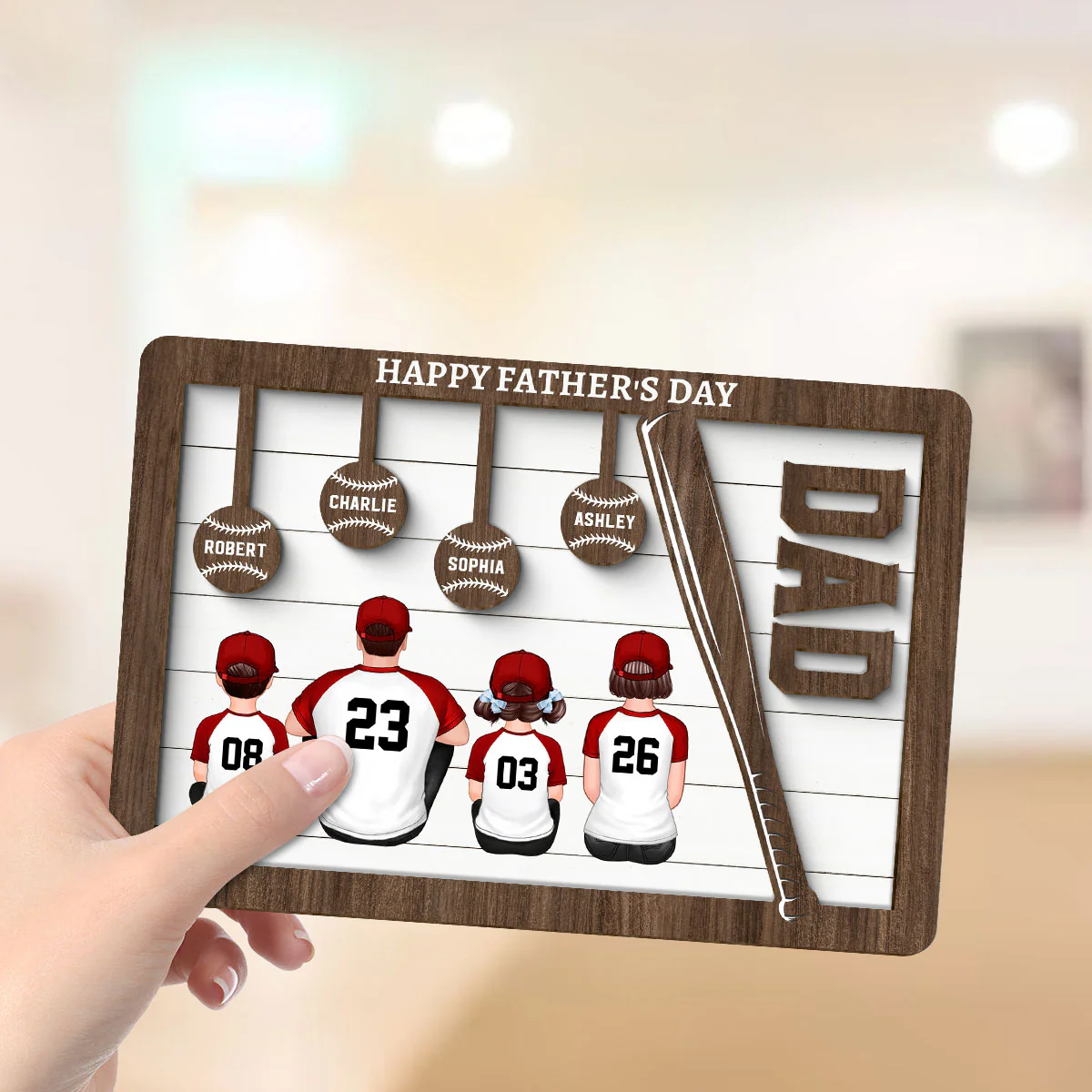 Baseball Dad And Kids Sitting Back View Personalized 2-Layer Wooden Plaque - Image 4
