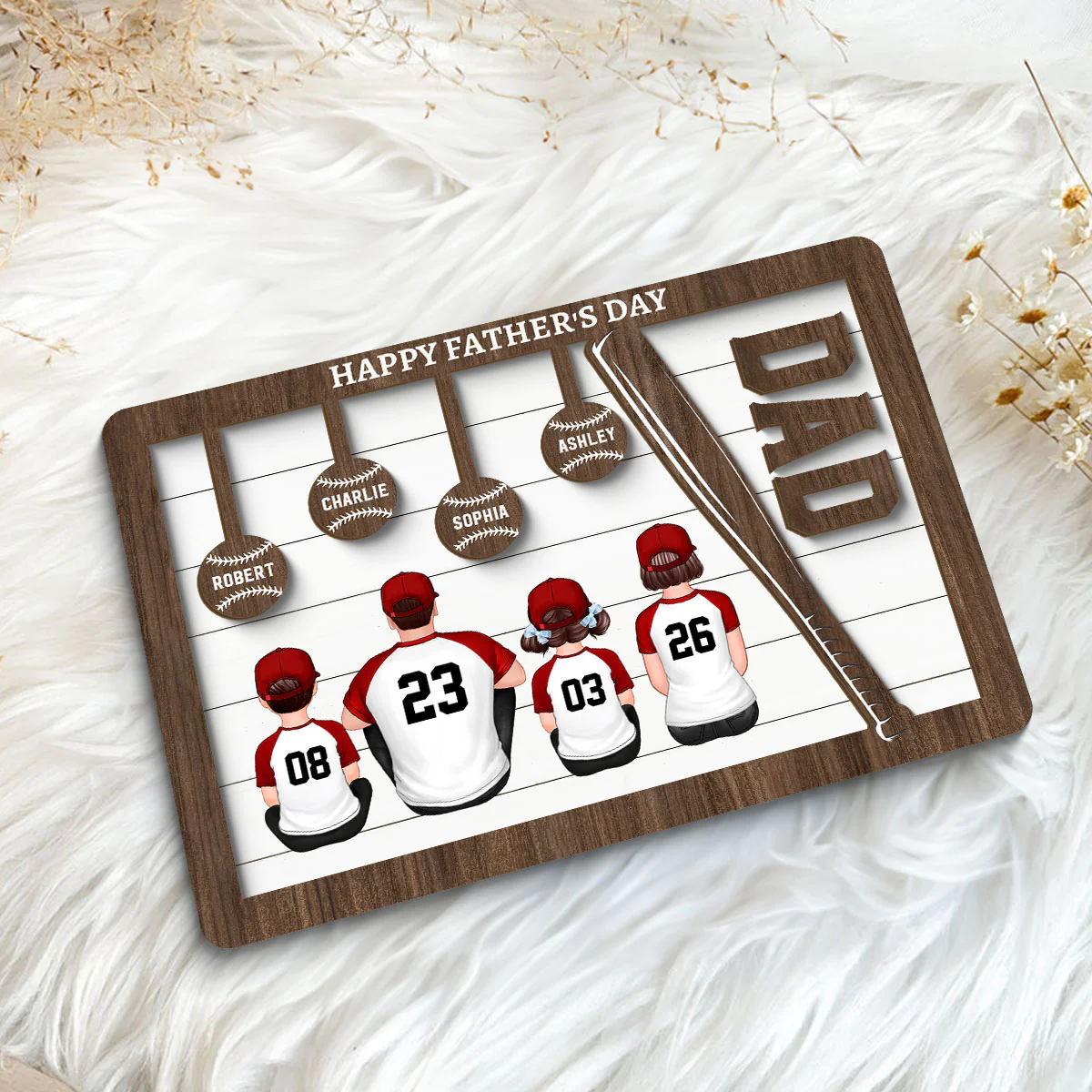 Baseball Dad And Kids Sitting Back View Personalized 2-Layer Wooden Plaque - Image 5