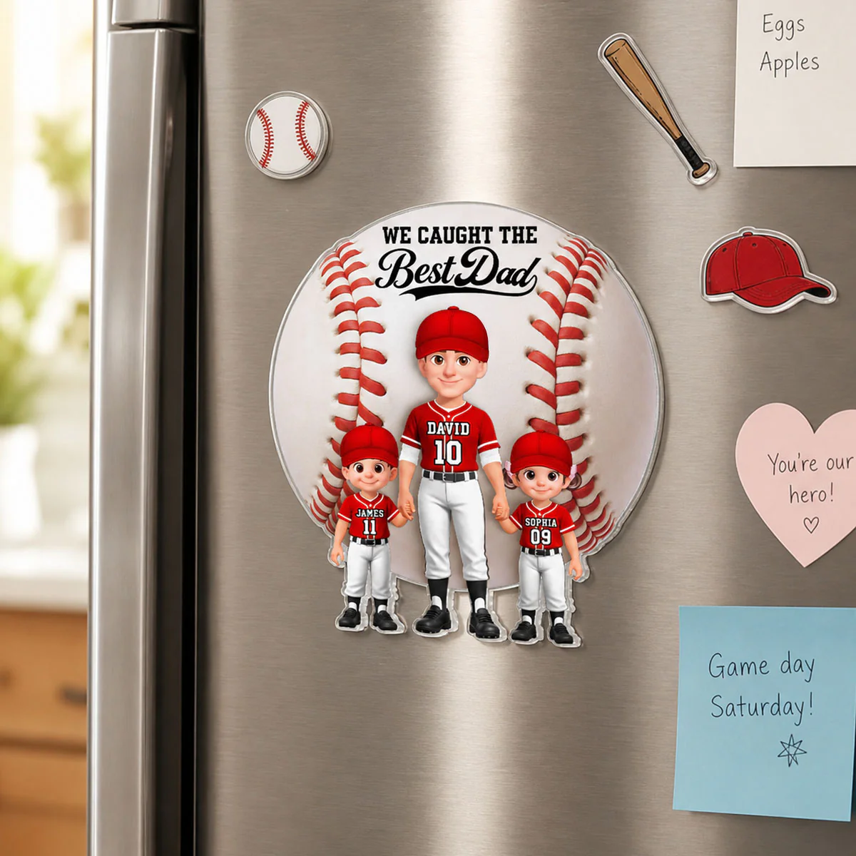 Baseball Dad And Kids We Caught The Best Dad - Personalized Acrylic Fridge Magnet - Father's Day Gift For Dad, Husband - Image 3